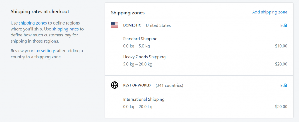 Shopify shipping settings